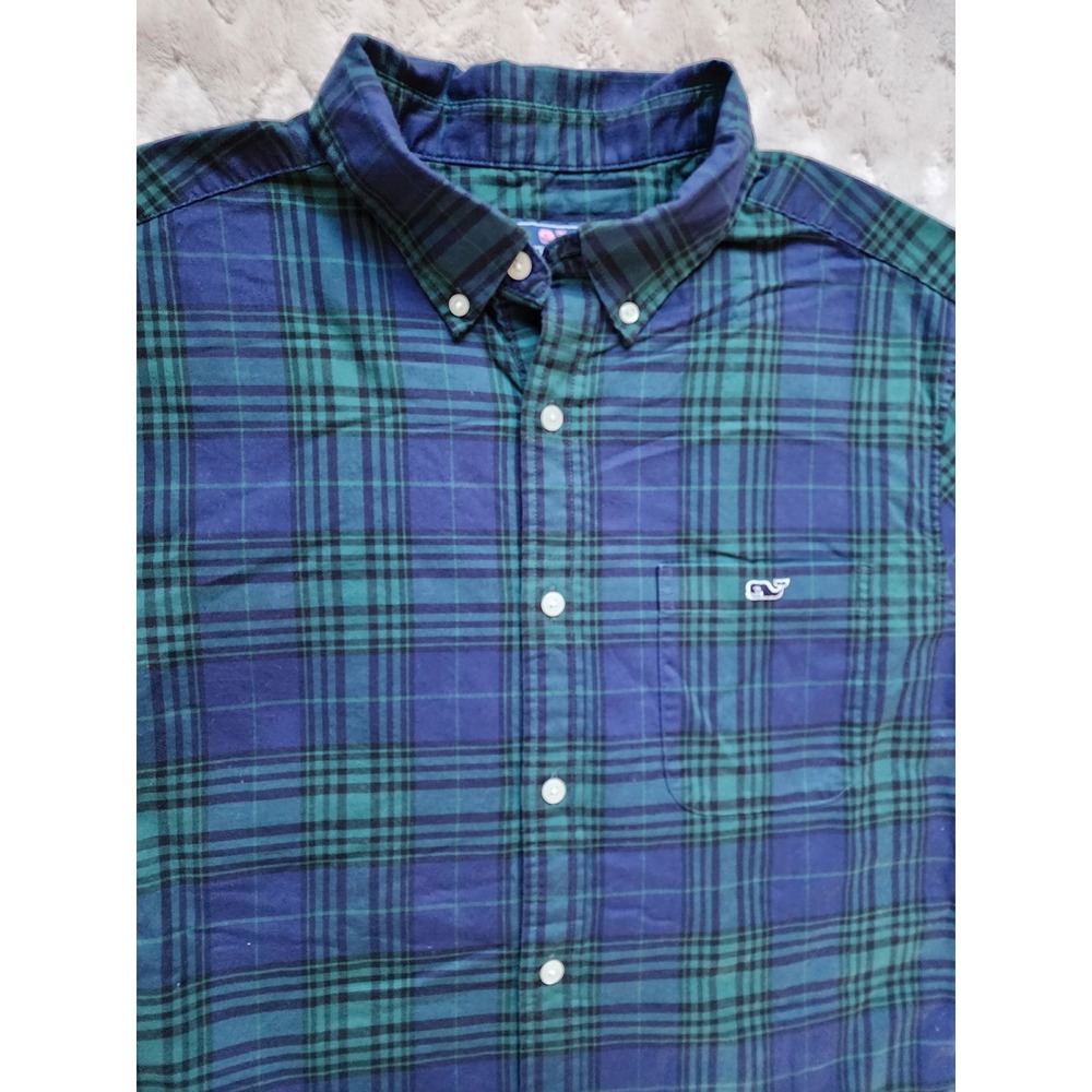 Vineyard Vines Mens Large Blue Green Plaid Flannel Button Down Whale Shirt